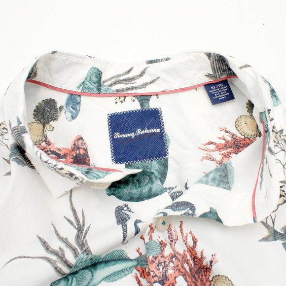 Tommy Bahama Men's Fish Print Cotton Silk Blend Button Shirt White XLTG SS - Picture 5 of 6